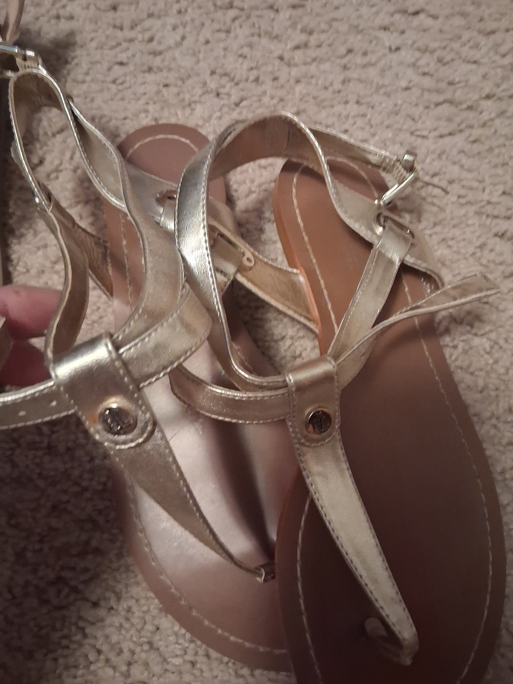 Ralph Lauren Metallic Gold Leather T-Strap Sandals - Picture 2 of 6